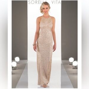 Sorella Vita Sequin Halter Open Back Formal Gown Rose Gold Size 12 ALTERED